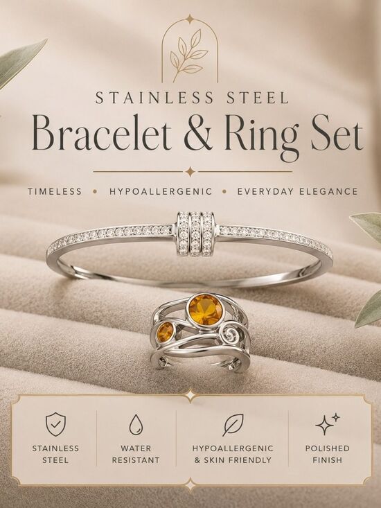 Jewelry - Stainless Steel Bracelet Ring Set Amber Gemstone